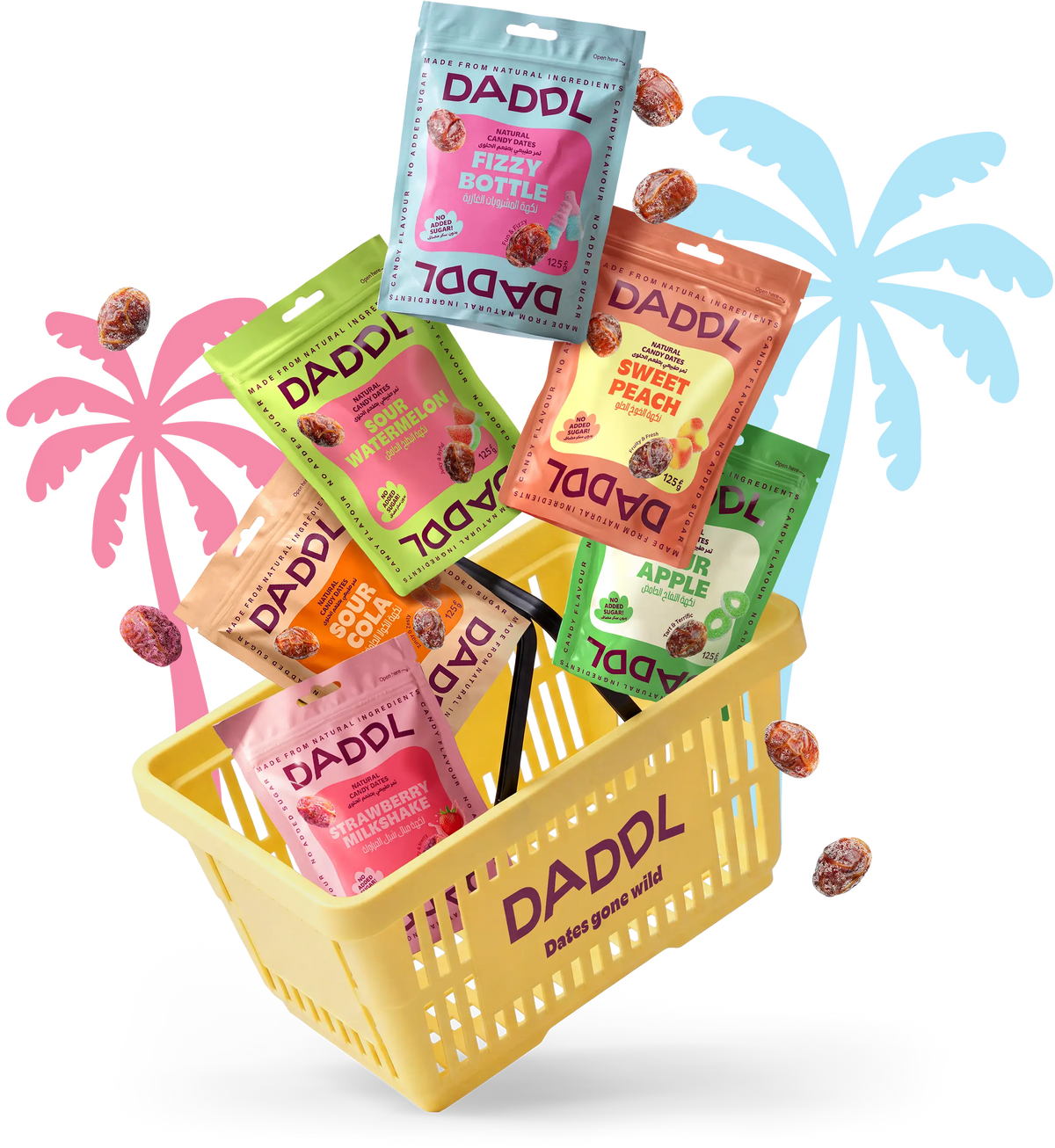 Colorful DADDL candy date packs displayed in a yellow shopping basket with floating coated dates and pastel palm tree graphics on a transparent background. Flavors include Fizzy Bottle, Sweet Peach, Sour Apple, Sour Cola, Sour Watermelon, and Strawberry Milkshake.