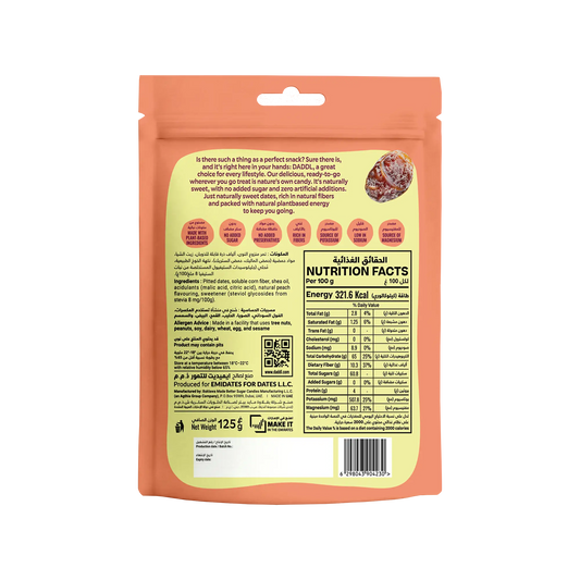Daddl Sweet Peach date candy 125g back packaging with product information