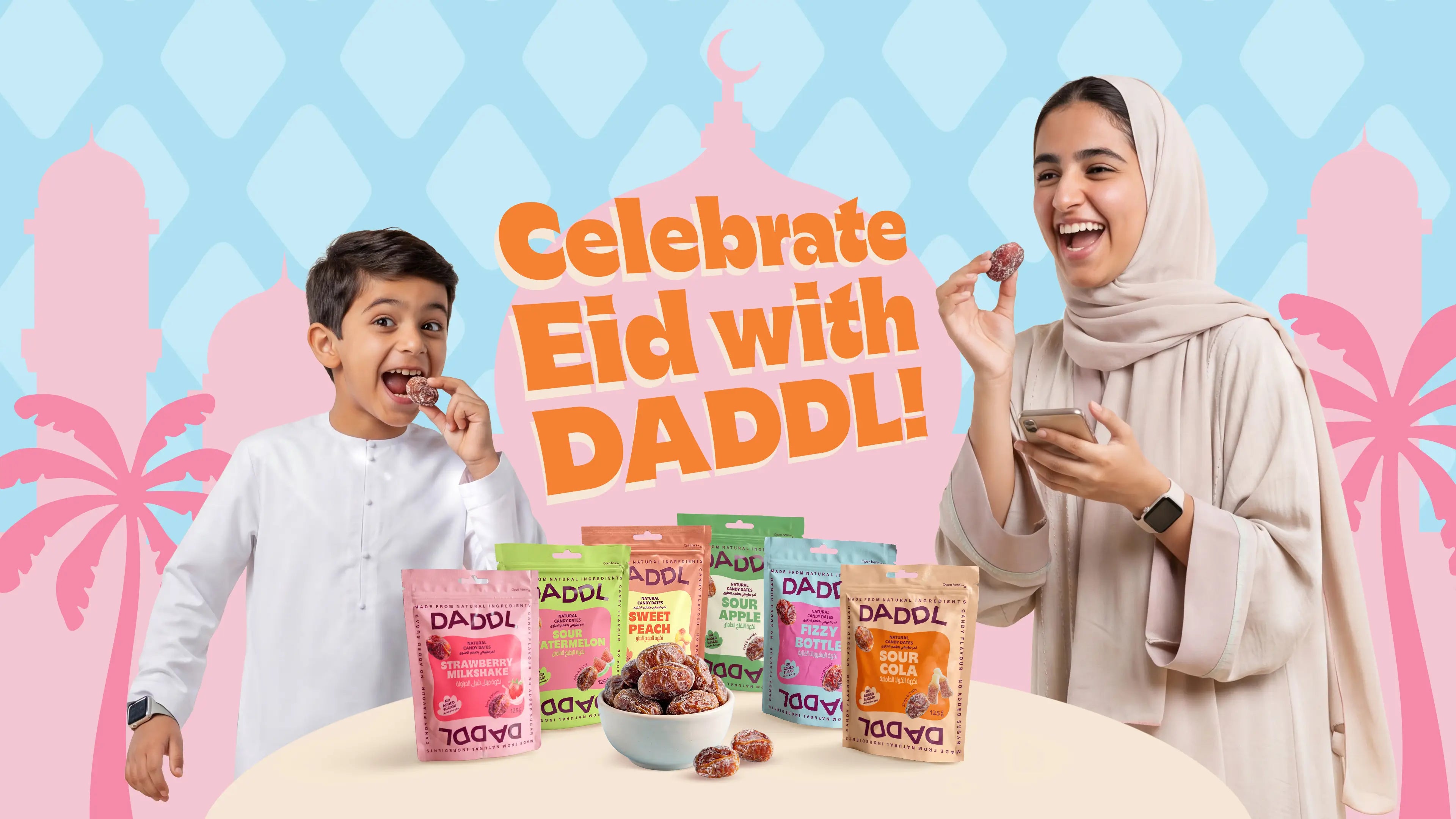 Smiling woman in a beige abaya and young boy in traditional white clothing enjoying DADDL candy dates together beside multiple DADDL flavor pouches under “Celebrate Eid with DADDL!” text with pastel mosque and palm tree graphics in the background.