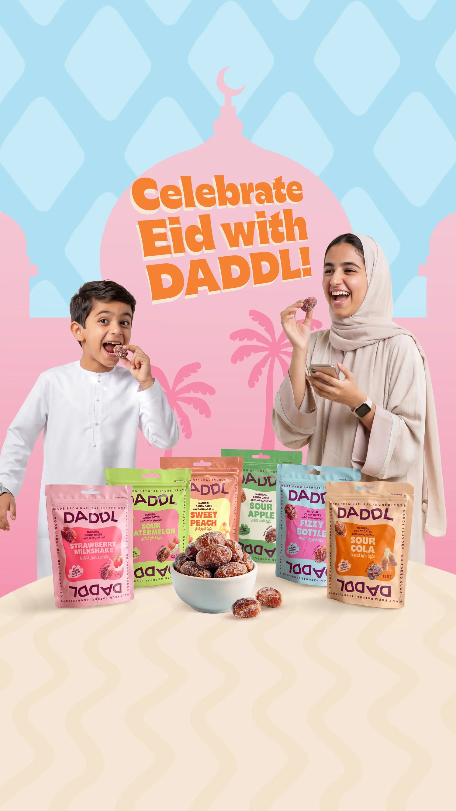 Woman in a beige abaya and young boy in traditional white clothing smiling while eating DADDL candy dates beside multiple DADDL flavor pouches and a bowl of dates under “Celebrate Eid with DADDL!” text on a pastel Eid-themed background.