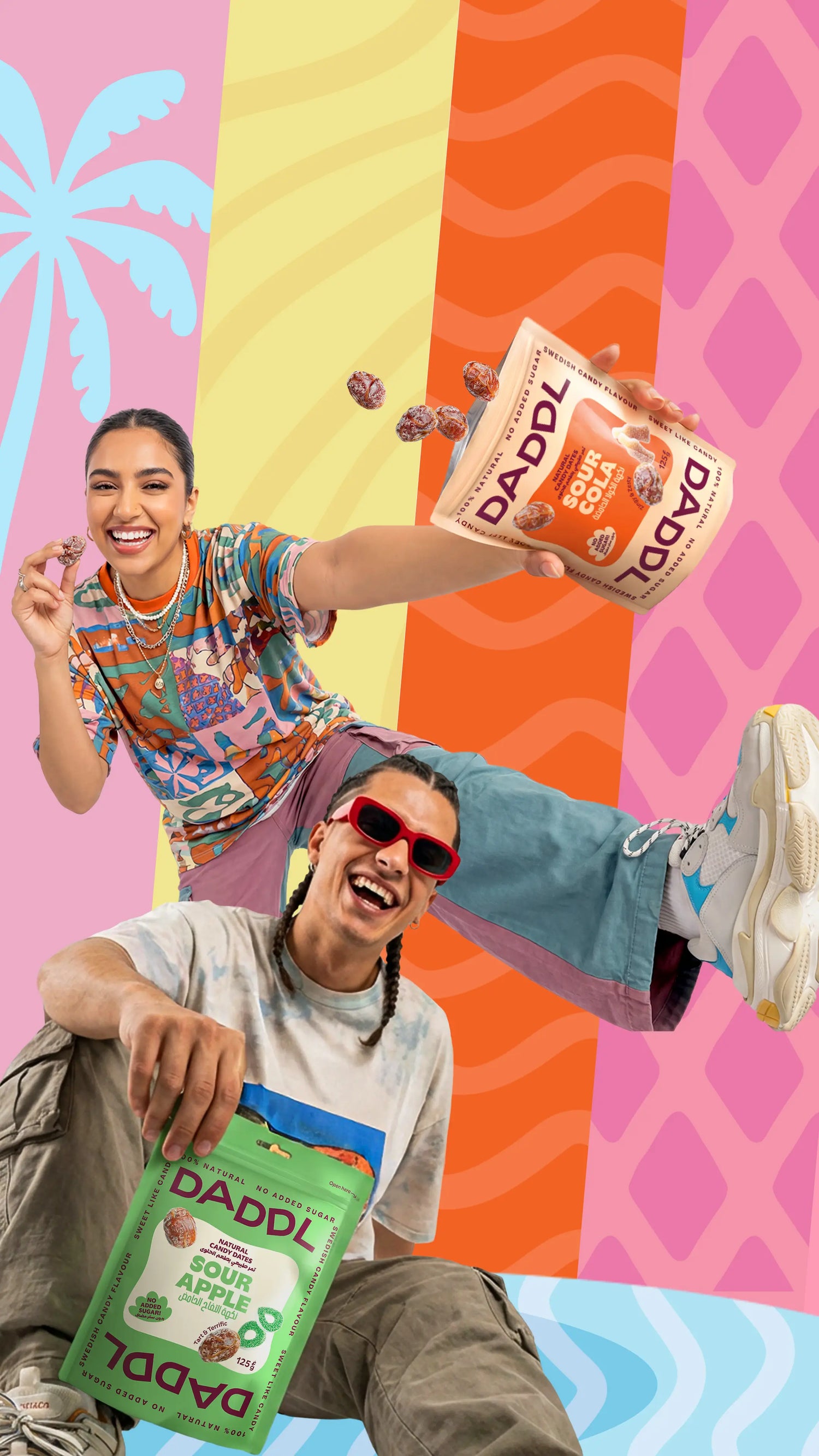 Young people enjoying DADDL natural date candy with sour apple and sour cola packs in bold colorful lifestyle scene