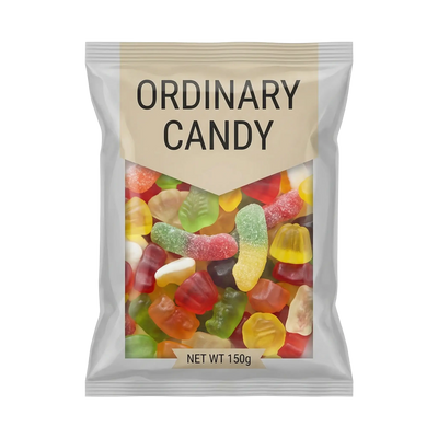 Packaged candy with 'Ordinary Candy' label on a white background