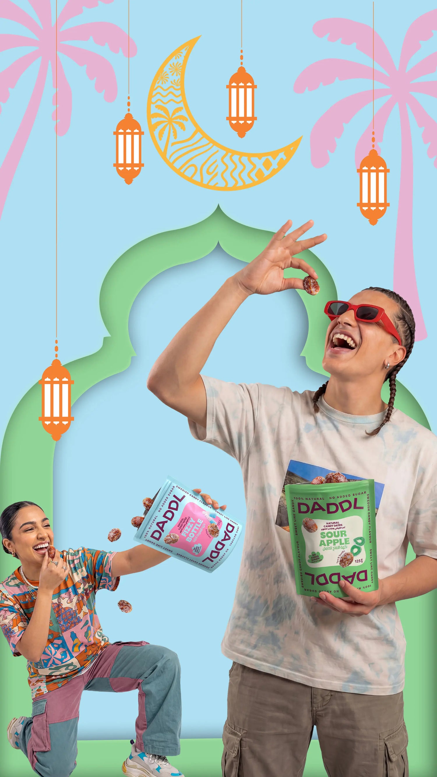 Two people holding Daddl products against a colorful background with palm trees and a crescent moon. Ramadan theme